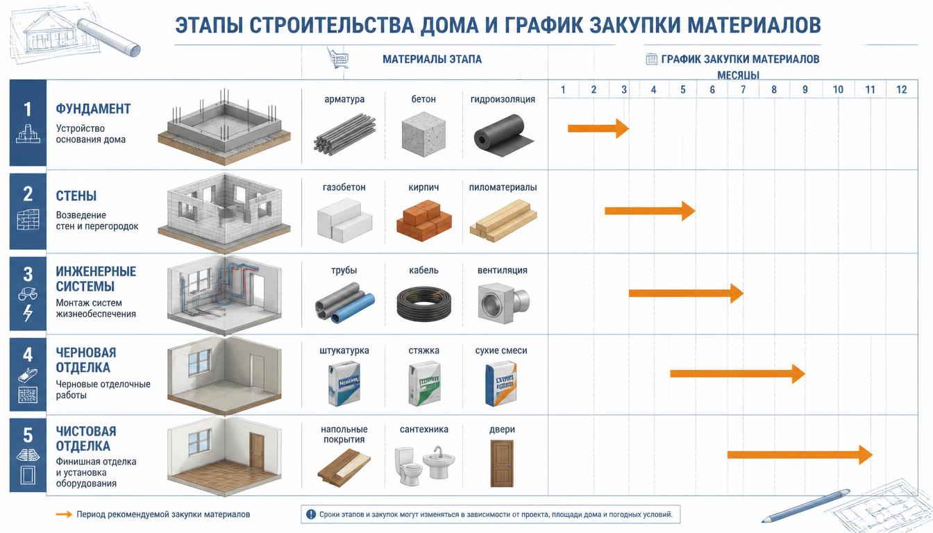 График закупок стройматериалов для строительства дома по этапам